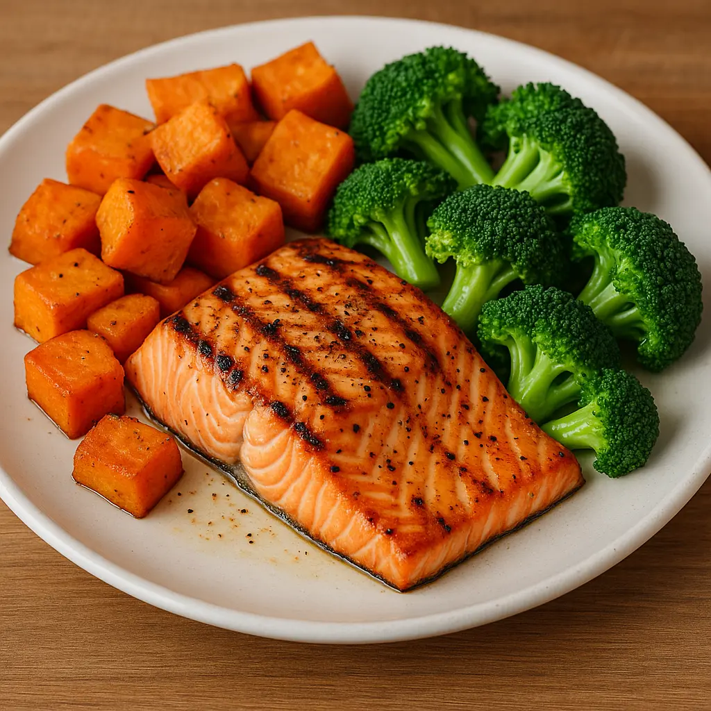 Grilled salmon with sweet potato and broccoli